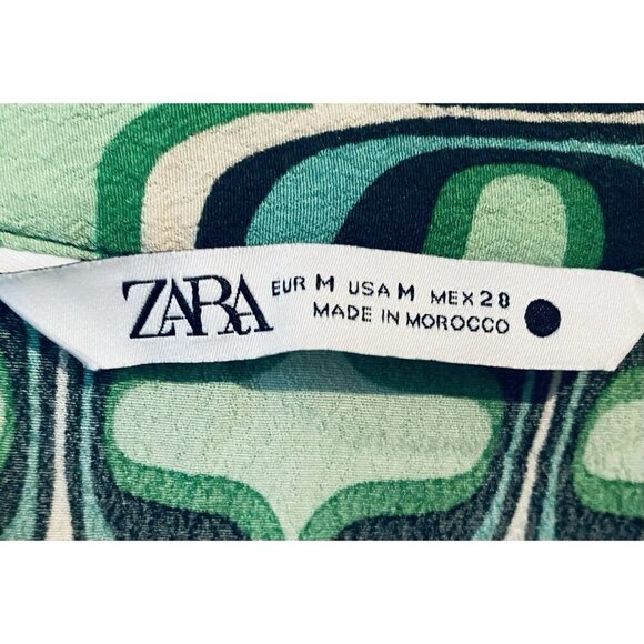 Zara Top Womens Medium Green Artsy Geometric Button Up Crinkle Gauze Boho Retro - Picture 6 of 7